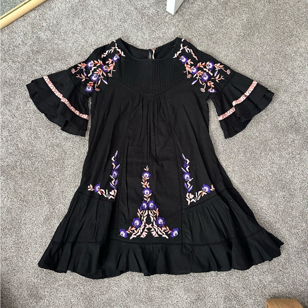 Free People Black Mini Dress with Purple and Pink Floral Embroidery